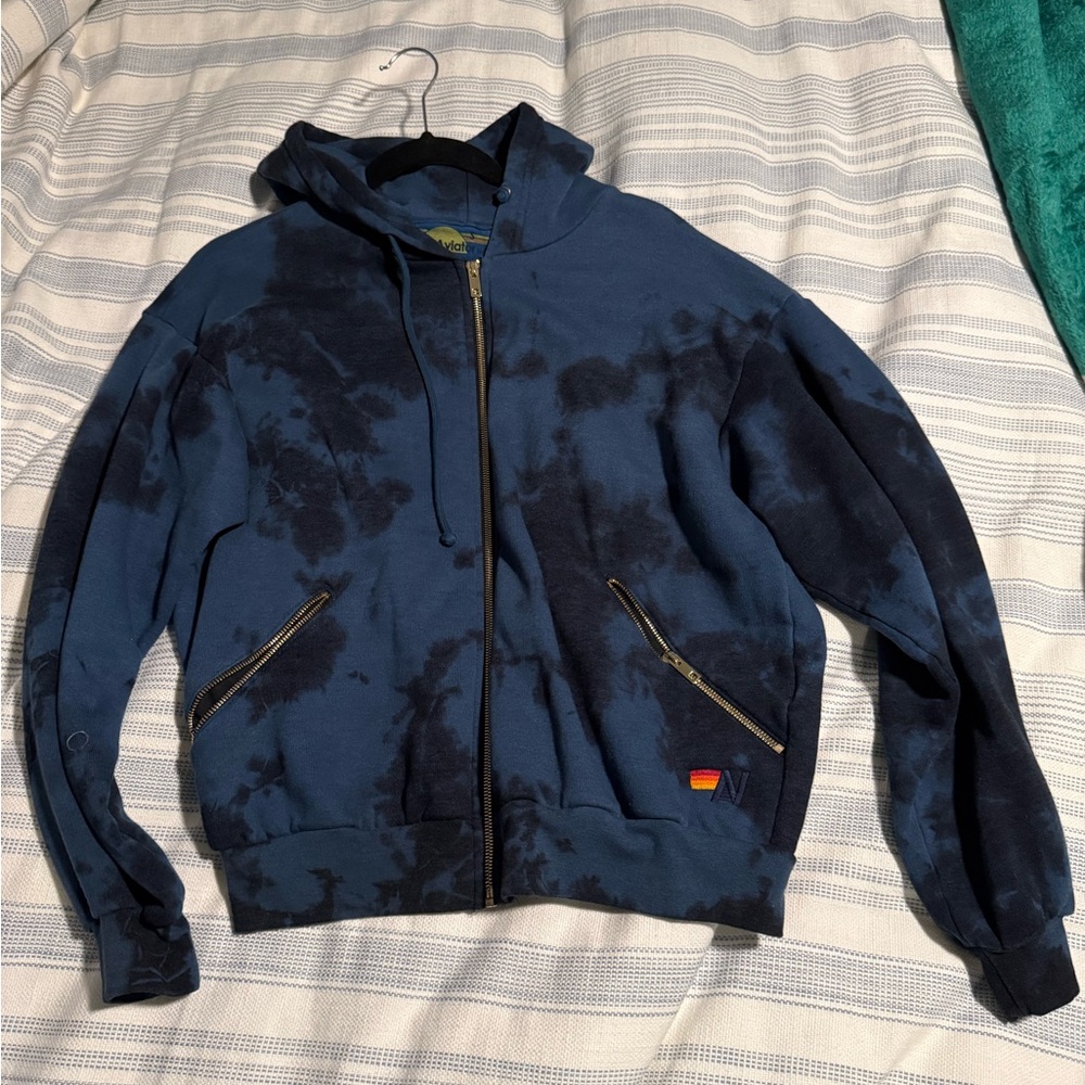 Relaxed Hand Dyed Zip Hoodie- Tie Dye Blue Black